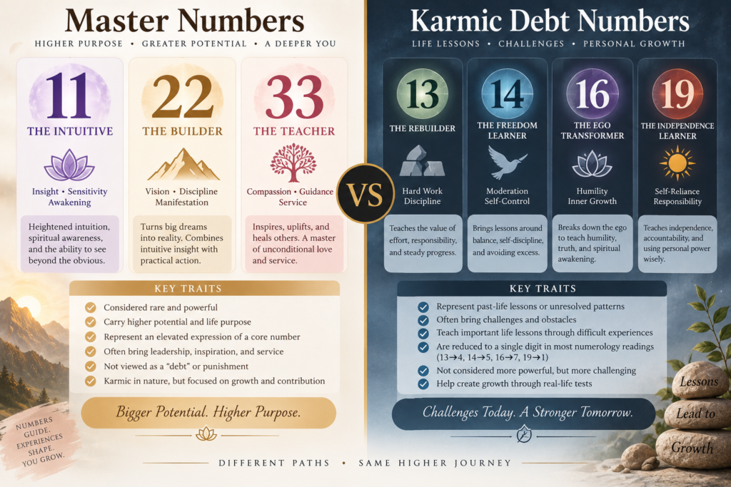 Master Numbers in Numerology Explained: 11, 22, and 33 Meaning 3 Master Numbers vs Karmic Debt Numbers comparison graphic
